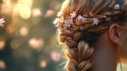 A creative shot of a bridal hairstyle with intricate braiding and floral accents captured against a soft blurred background 