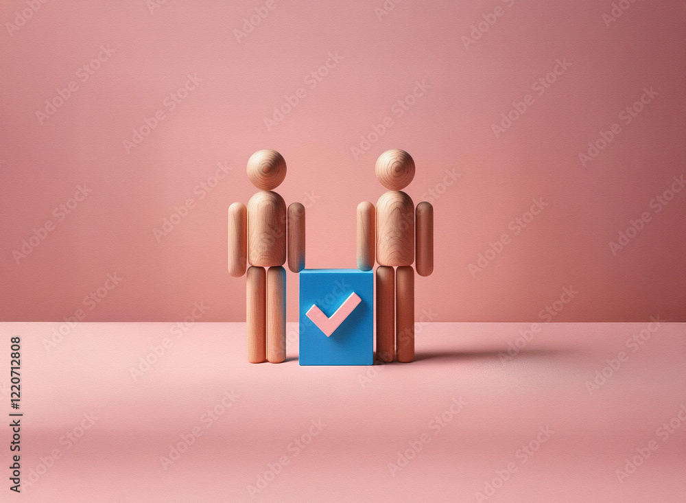 Poster grainy textured image of two wooden figures standing beside a blue cube with a checkmark. the scene 