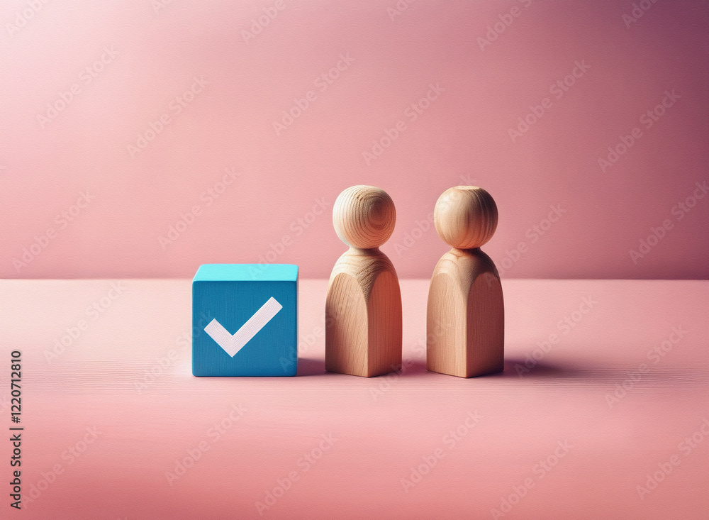Poster grainy texture image shows two wooden figurines standing beside a blue cube with a checkmark. the mi