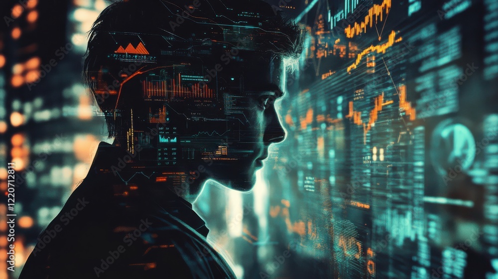 Aufkleber futuristic venture capitalist analyzing data in a high-tech environment at night