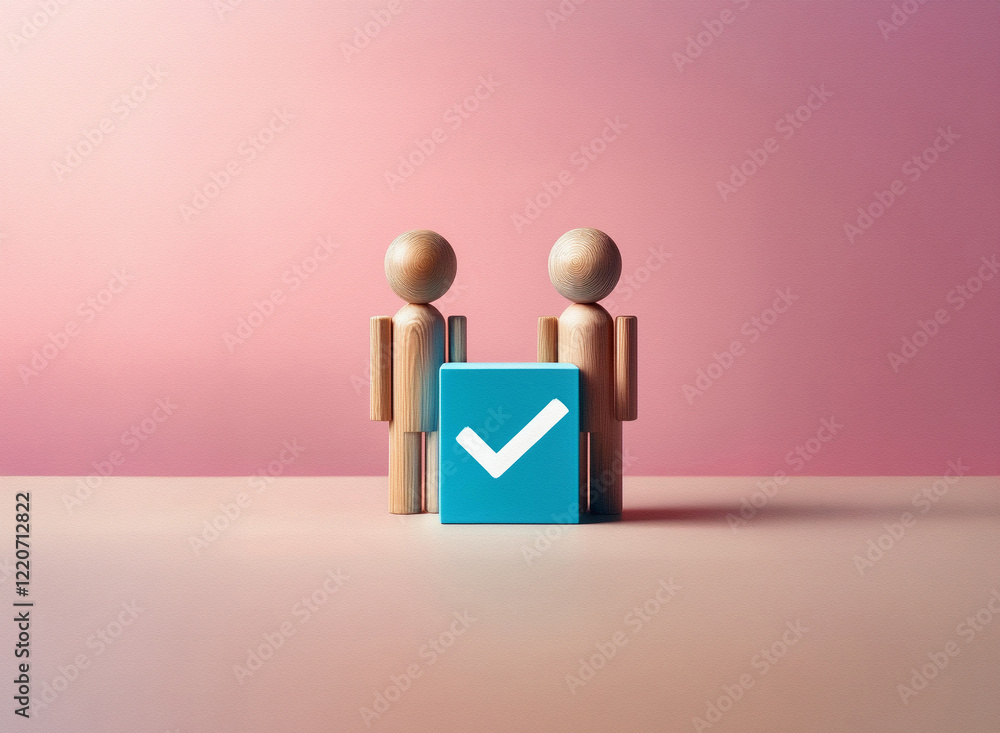 Poster two grainy, textured wooden figures stand beside a teal cube displaying a checkmark, set against a s