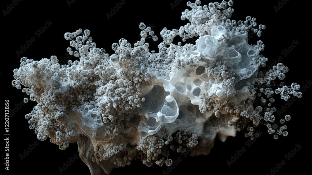 Poster artistic visualization of solid particles clustering together into complex, natural forms