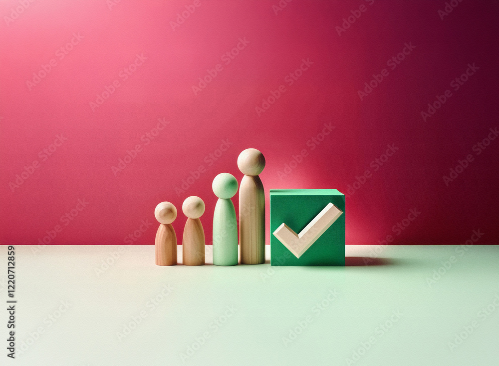 Poster grainy textured image of wooden figurines in ascending size, next to a green checkmark box. represen