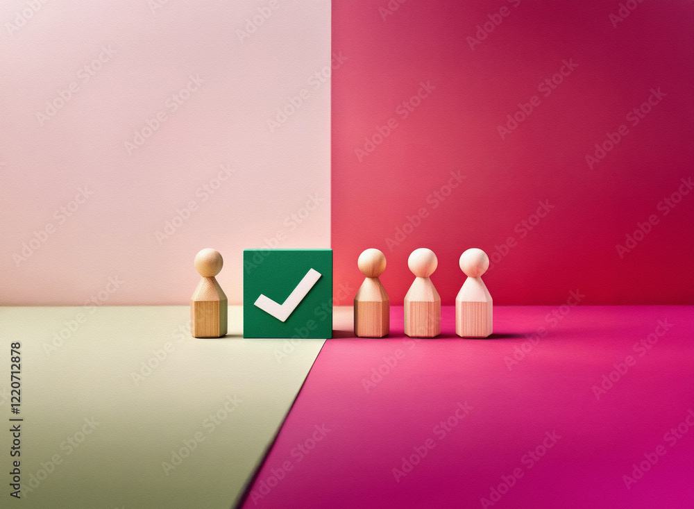 Poster Grainy texture image of wooden figures. One figure stands before a green checkmark square, separated from a line of figures on a pink background.  The scene suggests selection or approval.