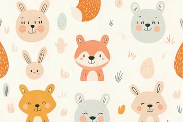 Colorful pastel pattern of smiling cartoon animals for children's product designs showcasing playful baby creatures