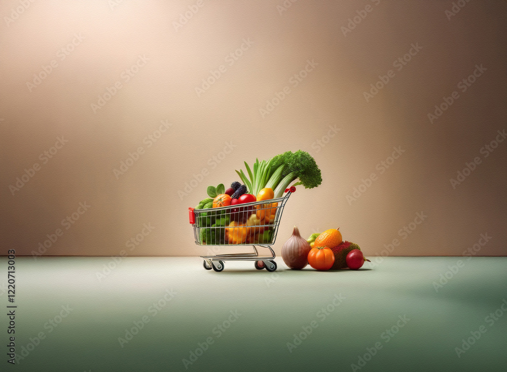 Poster a miniature shopping cart overflowing with fresh produce sits on a subtly textured, grainy surface a
