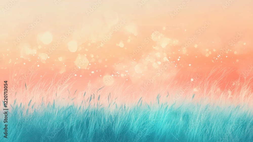 Poster dreamy field with aqua-colored grass under a soft pastel sky at sunset, creating a magical atmospher
