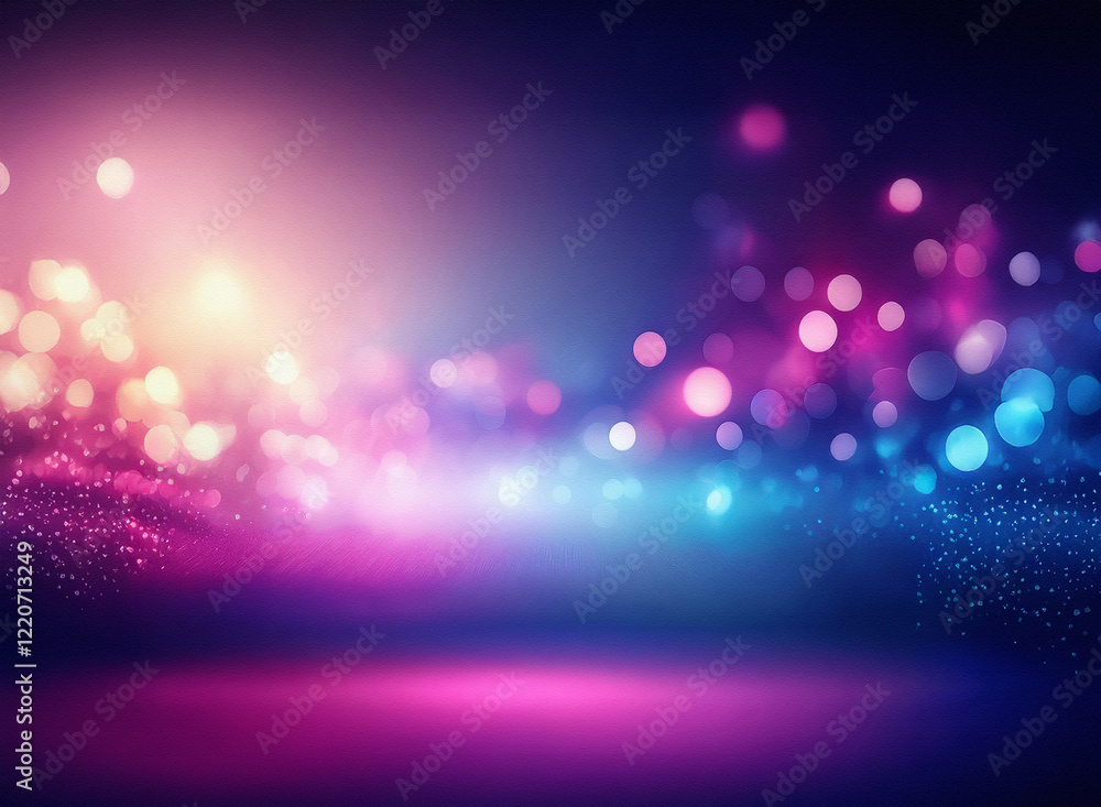 Poster a grainy, textured backdrop of vibrant pink, blue, and gold bokeh lights. a hazy, dreamy atmosphere 