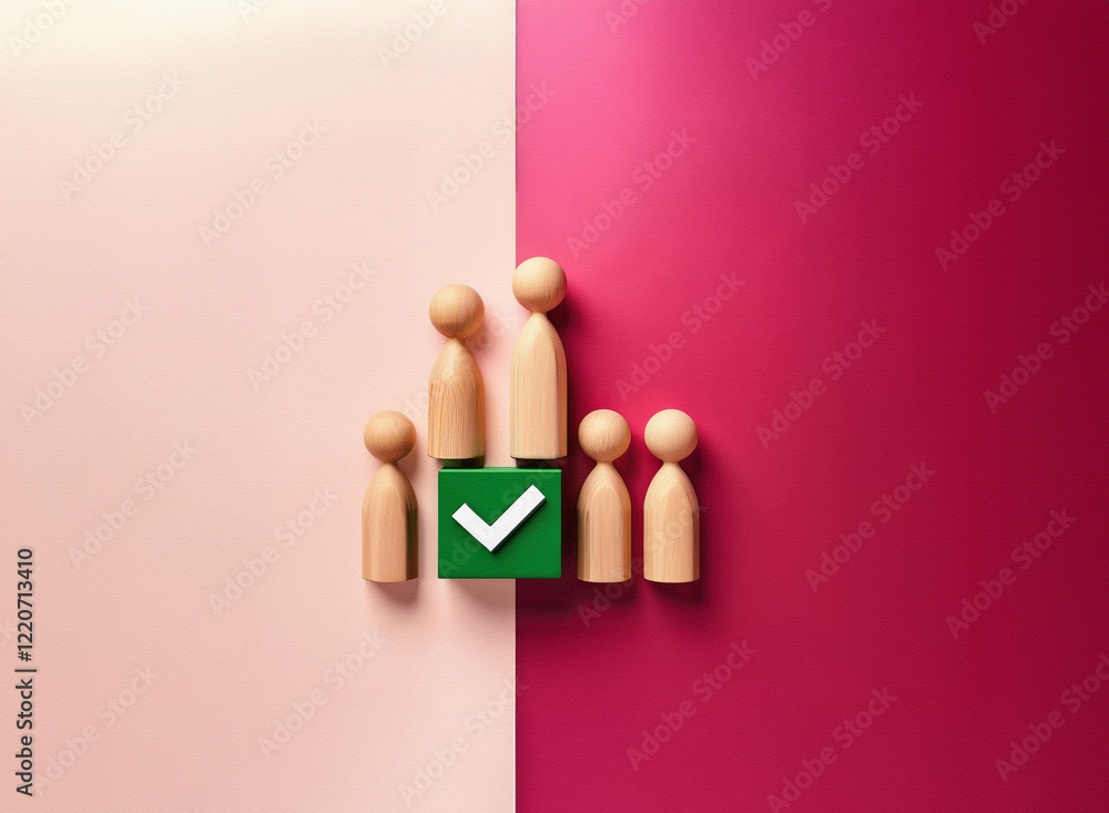 Aufkleber grainy texture image of wooden figurines arranged around a green square with a checkmark. the scene 