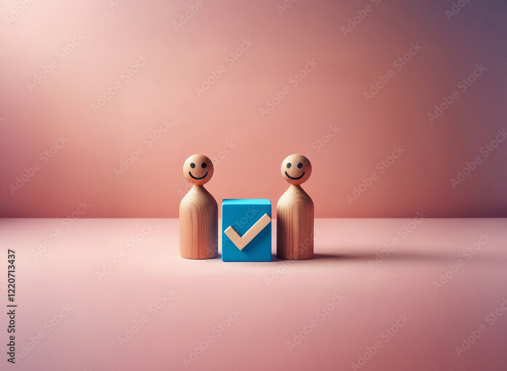 Aufkleber two smiling wooden peg dolls stand beside a small, grainy textured blue cube displaying a checkmark 