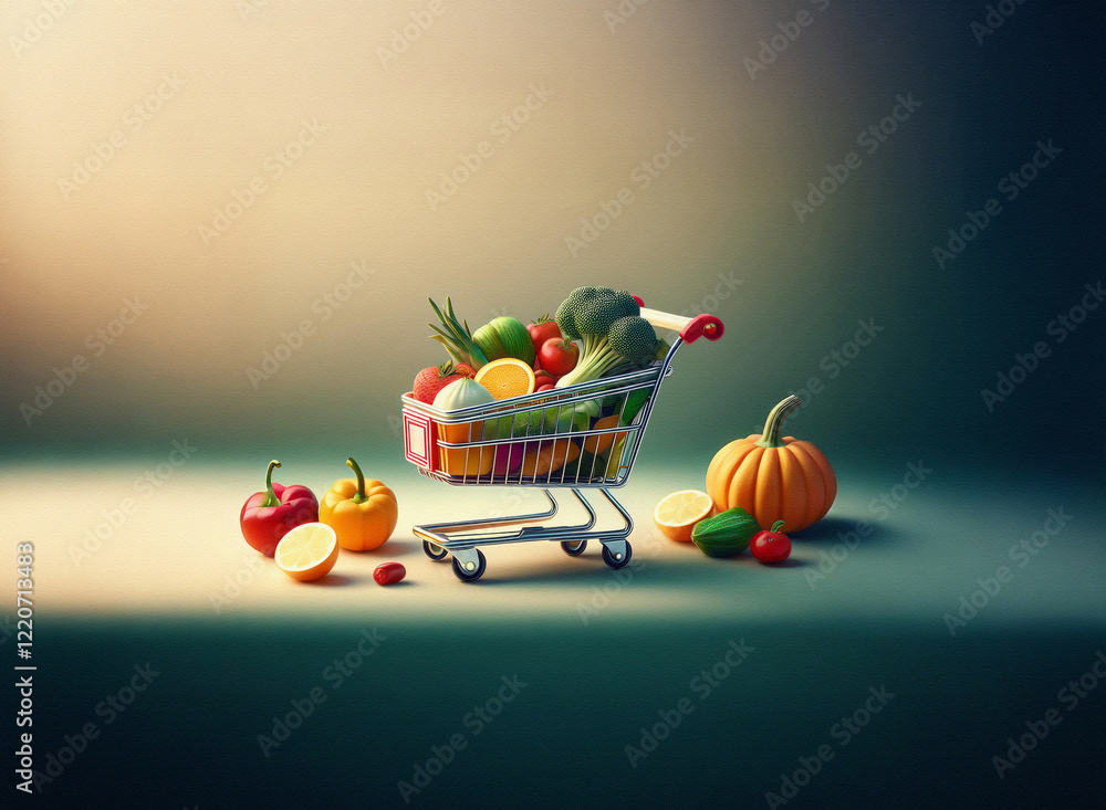Poster a miniature shopping cart overflows with fresh produce. grainy texture enhances the vibrant colors o