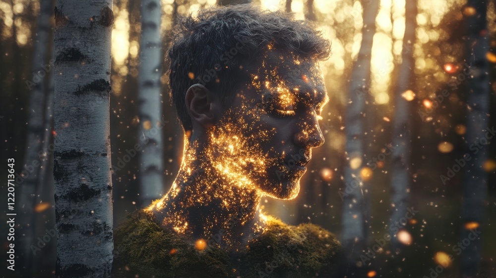 Poster man glowing with light particles in a serene forest during sunset