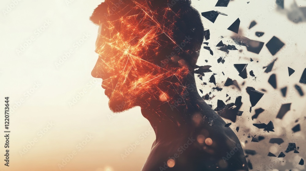 Aufkleber man radiating energy and light in a surreal display of transformation at sunset