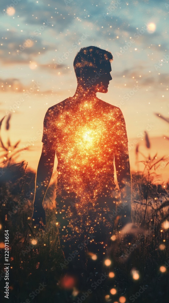Aufkleber man standing in a glowing landscape during sunset, symbolizing inner light and connection to the uni