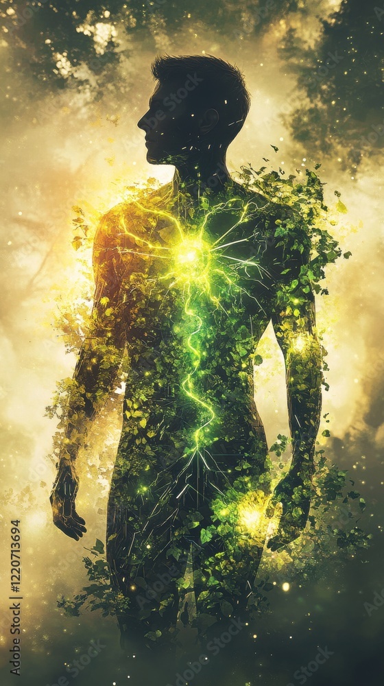 Poster Man glowing with natural energy in a mystical forest during twilight hours creating an ethereal atmosphere