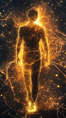 Conceptual portrayal of a glowing man walking through a cosmic environment filled with vibrant energy and light