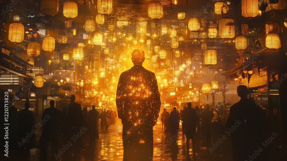 Poster silhouette surrounded by glowing lanterns in a bustling marketplace at twilight highlighting a magic