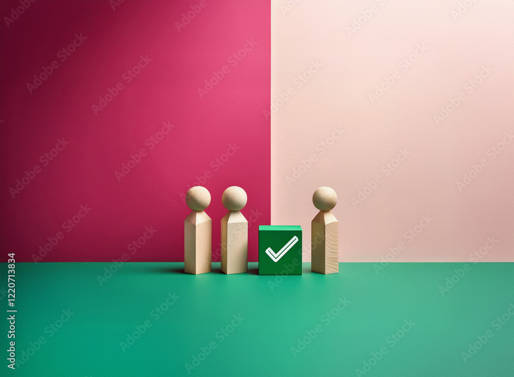 Poster grainy texture image of three wooden figurines standing before a green square with a checkmark, agai