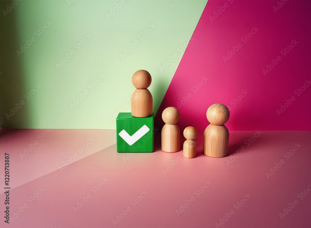 Poster grainy image of wooden figurines, a family, standing near a green block with a checkmark. the textur