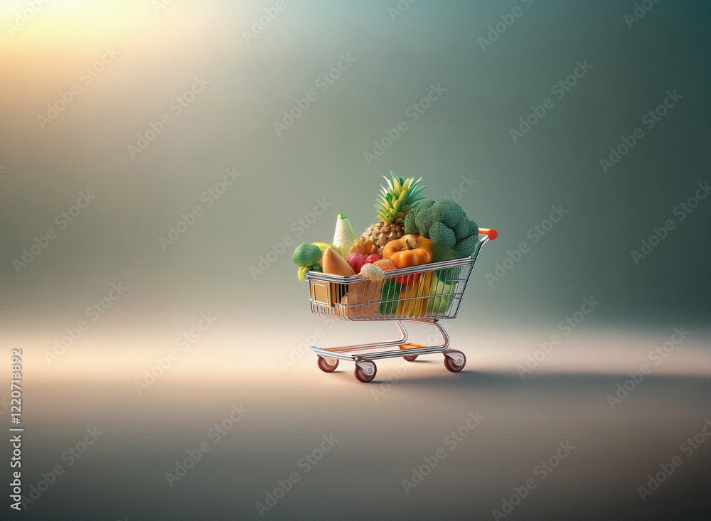 Poster a miniature shopping cart overflowing with vibrant fruits and vegetables sits on a subtly textured, 