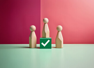 Three wooden figures flank a green cube with a checkmark, set against a grainy, textured two-tone background.  The image has a minimalist, conceptual feel.