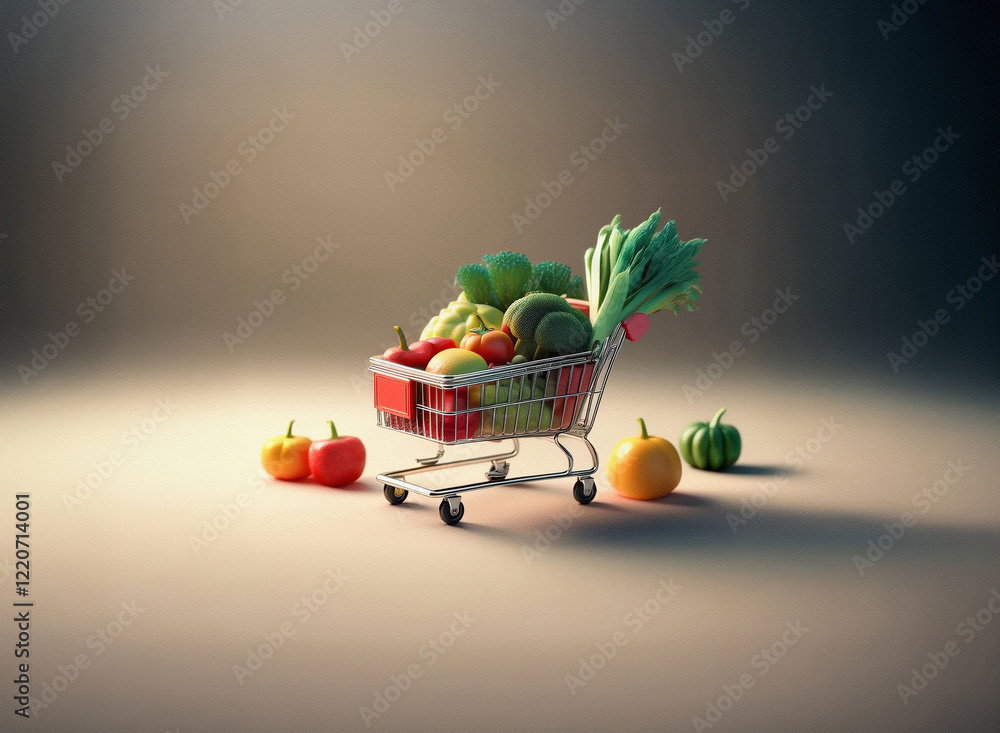 Poster a miniature shopping cart overflowing with a colorful variety of fresh produce. the grainy texture o