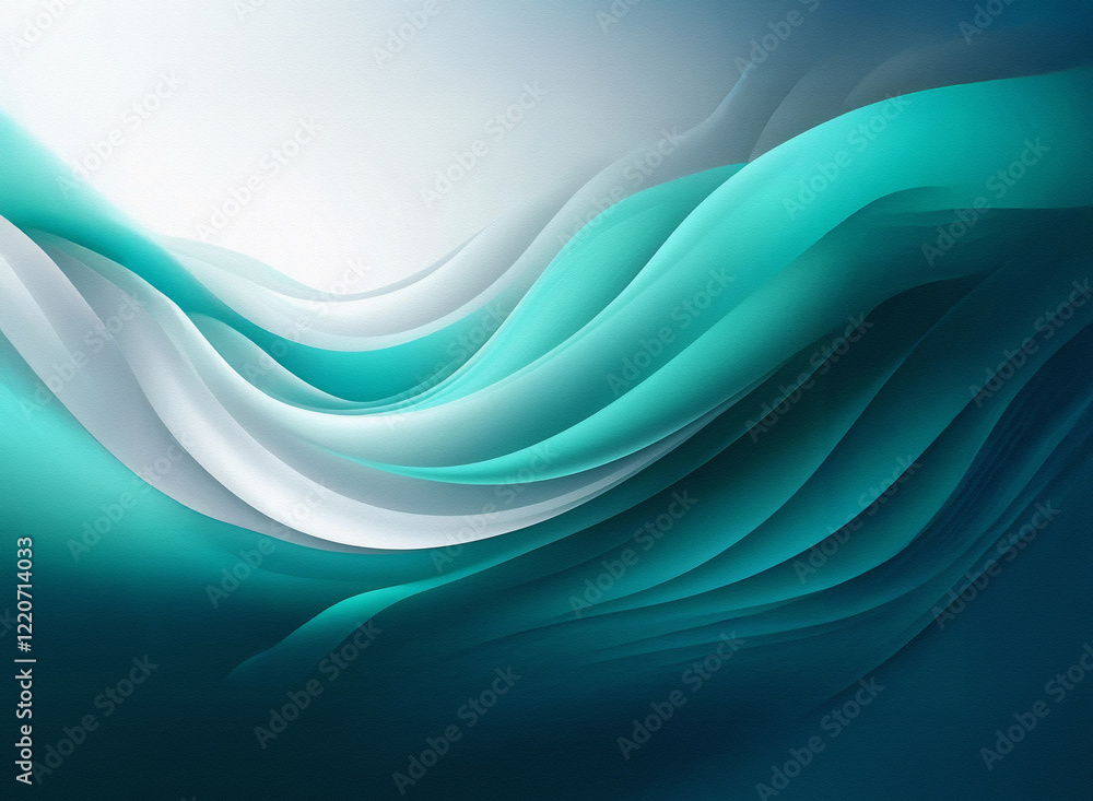 Fototapete Abstract image with grainy texture.  Fluid teal and white waves flow across a dark background, creating a sense of depth and movement. The colors blend seamlessly.