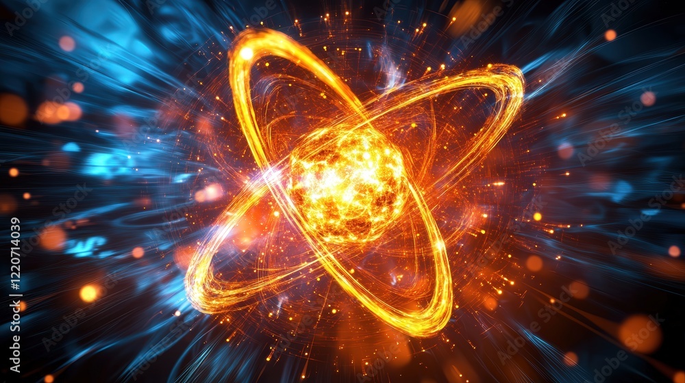 Poster shimmering atomic particles interacting, glowing with energy in a dynamic, fluid motion.