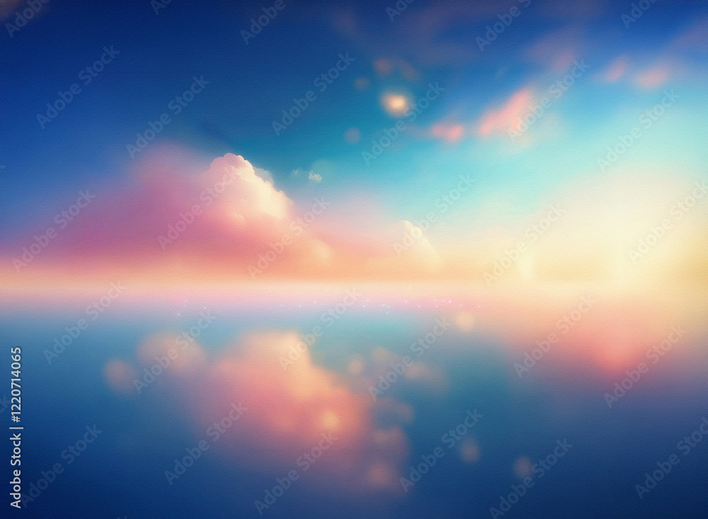Poster a grainy, textured image depicts a dreamy sunset over a calm body of water. pastel pinks and oranges