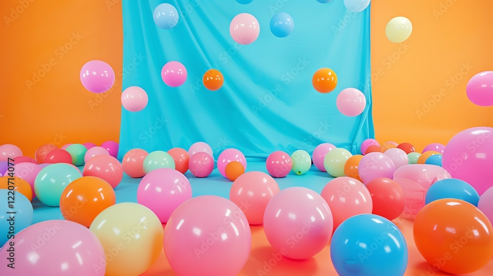 Poster a 3d rendering of a colorful and playful scene with a blue cloth draped in the background and a bunc