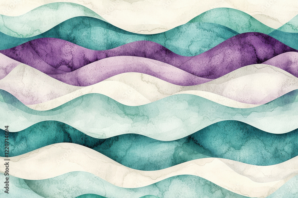 Poster colorful watercolor waves in lilac, teal, and cream create a dynamic and romantic pattern with artis