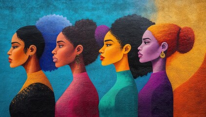A colorful mural depicting women of different ethnicities standing in line, each with their own unique style and hair color, symbolizing diversity and empowerment. 