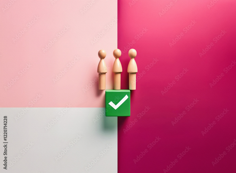 Aufkleber Grainy texture image of three wooden figures standing above a green square with a checkmark, set against a pink and white background.