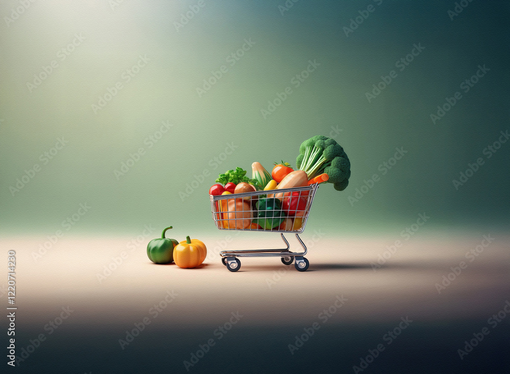Poster a miniature shopping cart overflowing with fresh vegetables sits on a grainy textured surface agains