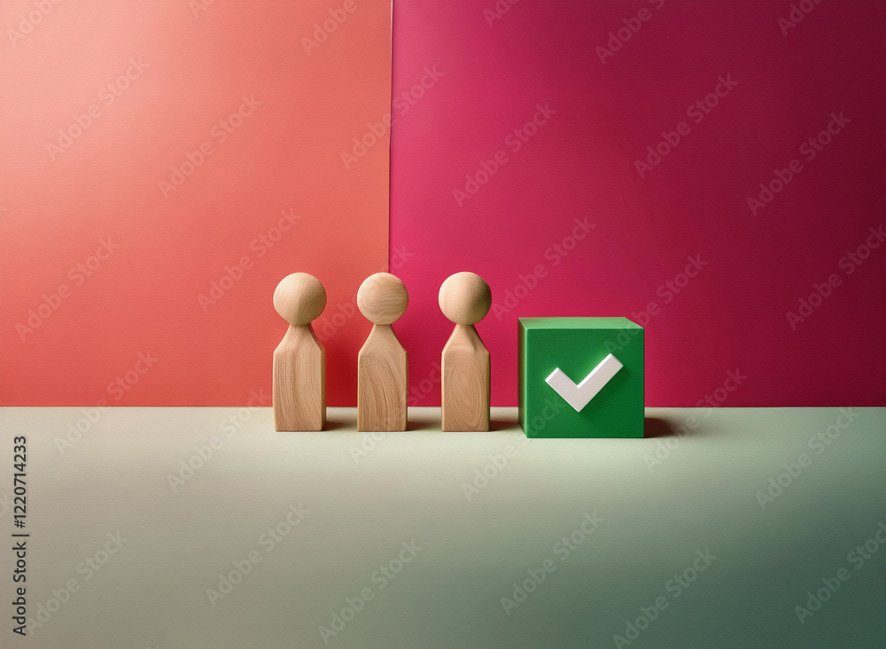 Aufkleber Grainy texture image shows four wooden figurines standing in a row before a green cube with a checkmark.  The background features coral and burgundy walls.