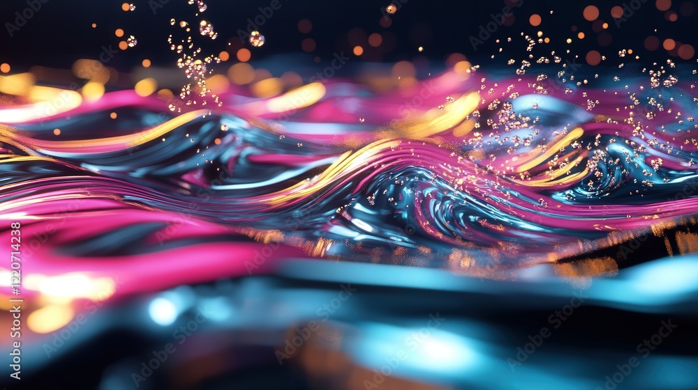 Poster liquid particles merging together, creating ripples on a smooth surface.