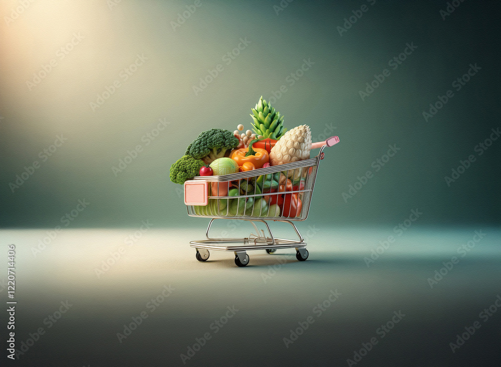Poster A grainy textured image shows a miniature shopping cart overflowing with a variety of colorful fresh vegetables and fruits.  The scene is subtly lit, creating a soft, appealing backdrop.