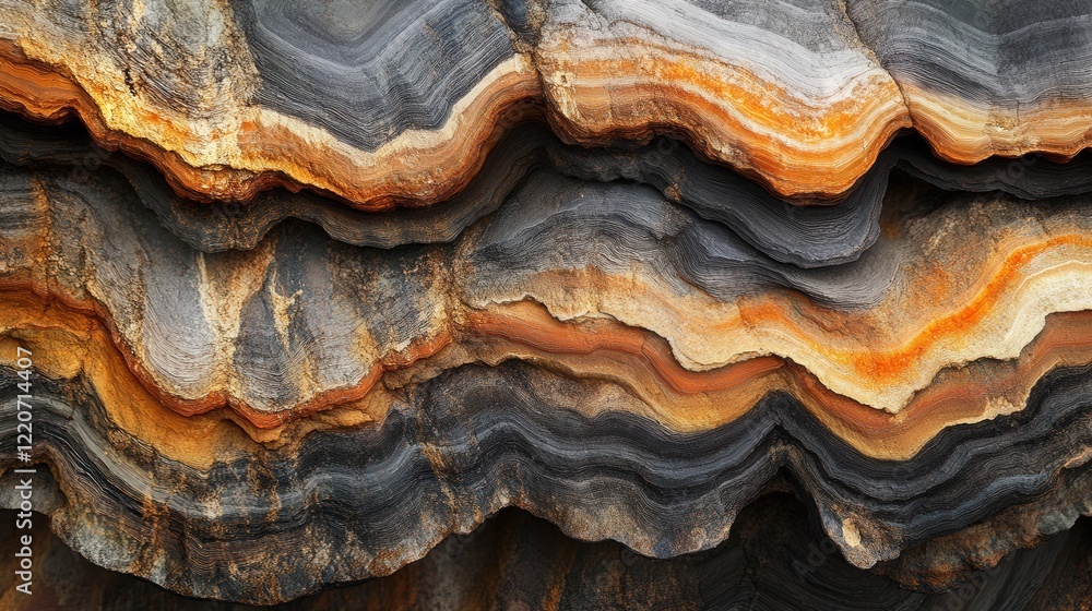 Poster layers of solid particles packed tightly, forming strata of different textures and densities.
