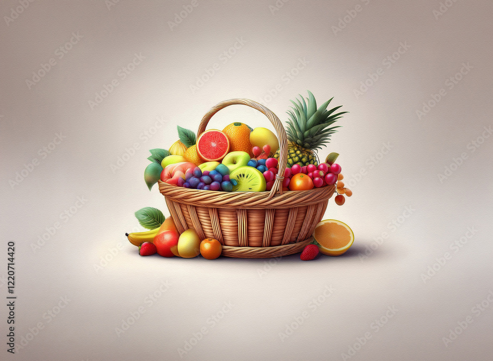 Aufkleber a wicker basket overflows with a vibrant array of fresh fruits. the grainy texture of the basket con