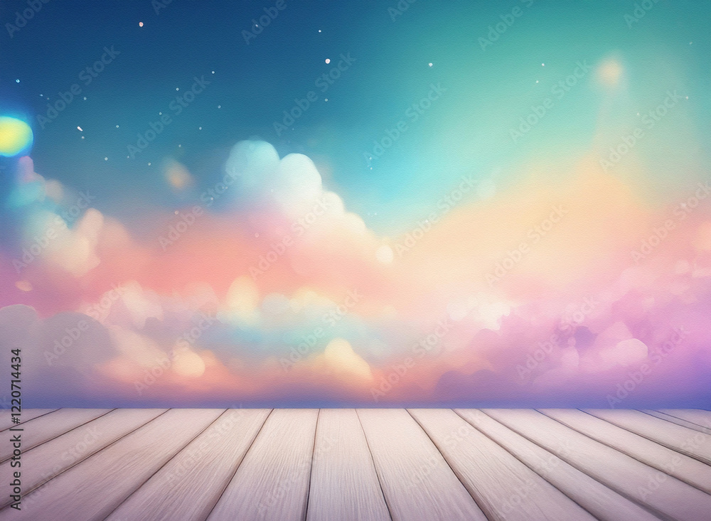 Poster grainy textured image of a dreamy, pastel sunset sky above a pale wooden deck. the clouds are soft a