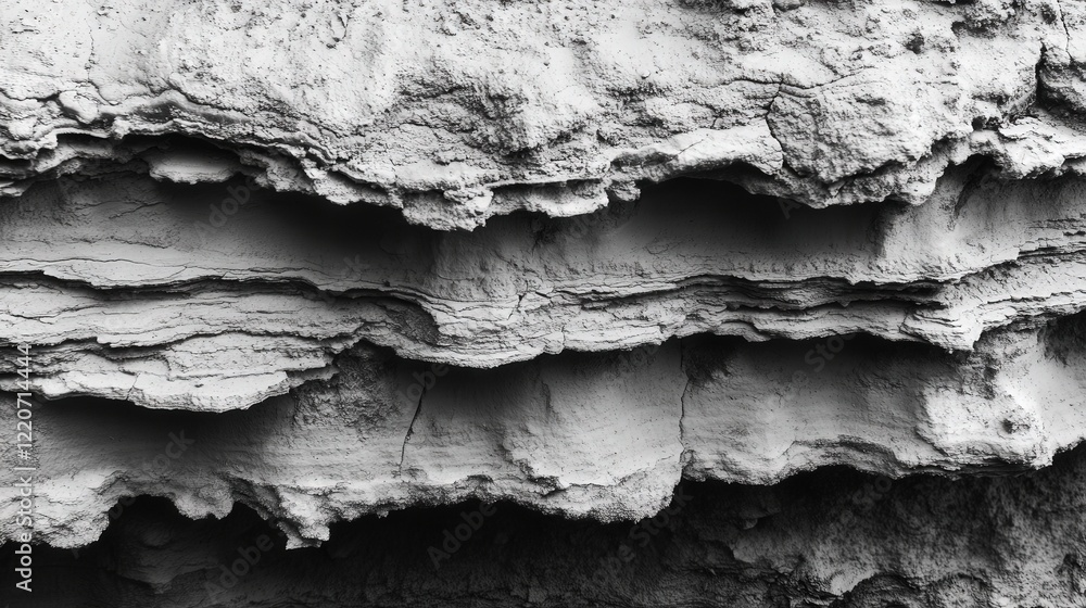 Poster layers of solid particles packed tightly, forming strata of different textures and densities.
