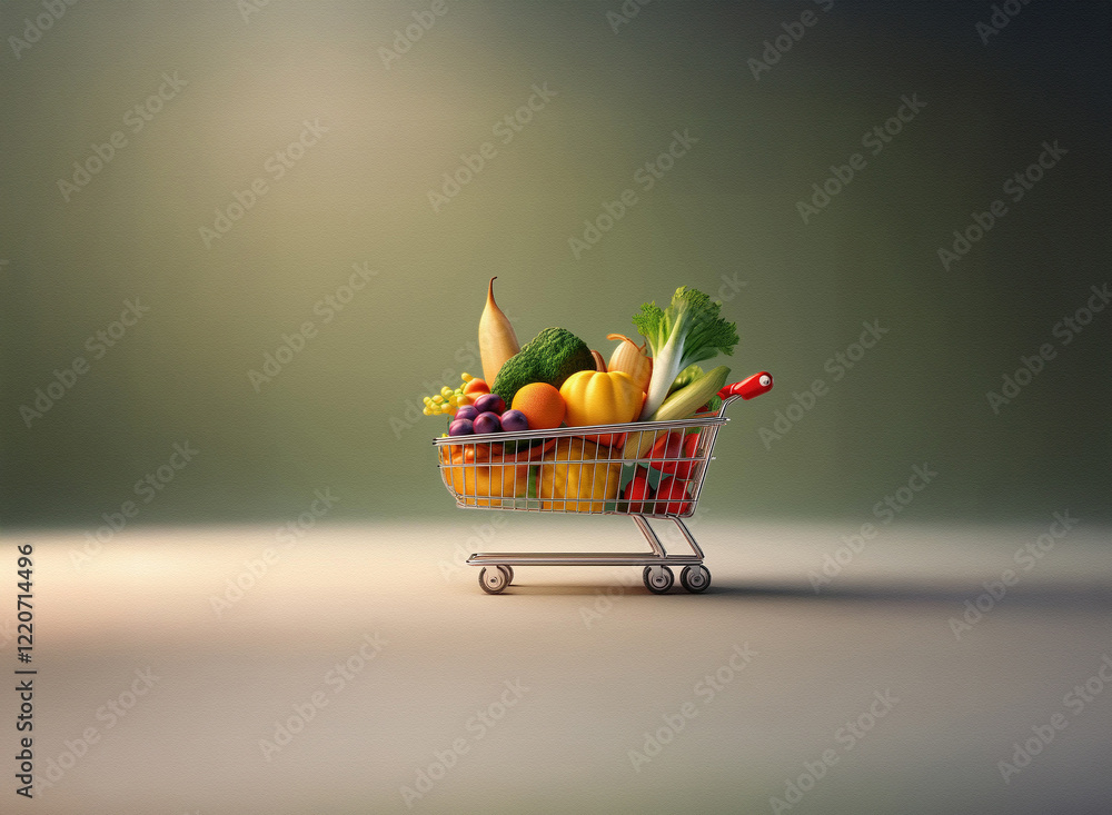 Poster A miniature shopping cart overflowing with a colorful assortment of fresh fruits and vegetables. The grainy texture of the image adds a unique visual appeal.