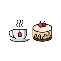Tea mug drink and cheesecake food icon illustrated in a vibrant and playful cartoon style, bursting with cheerful colors and dynamic details, ideal for casual dining, fun branding, and creative design