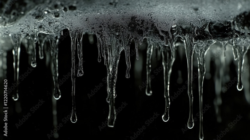 Poster liquid particles dripping from a surface, creating a rhythmic and mesmerizing flow.
