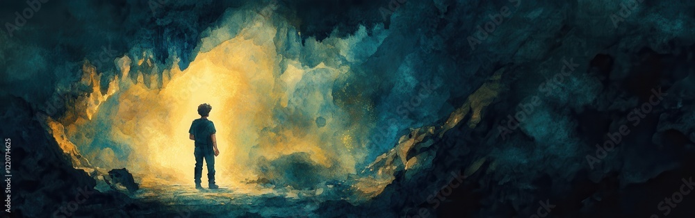 Poster portrait of a boy standing alone in a cave illuminated by warm light against a dark watercolor backg