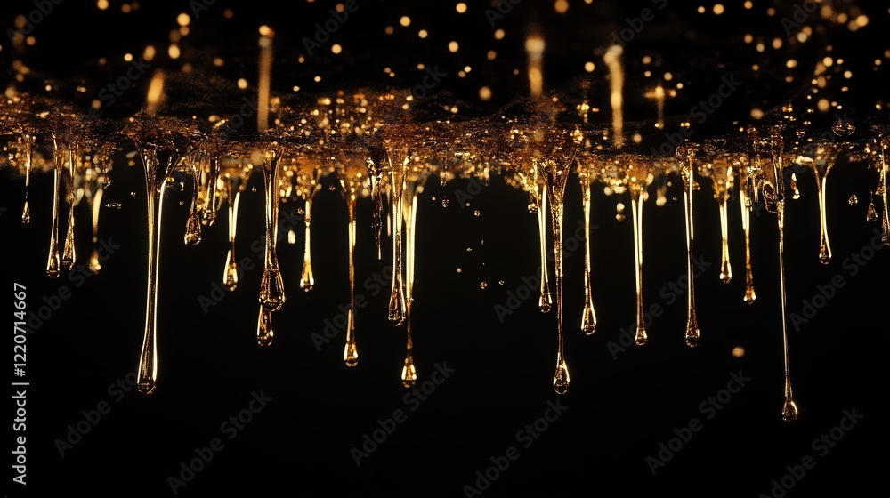 Poster liquid particles dripping from a surface, creating a rhythmic and mesmerizing flow.