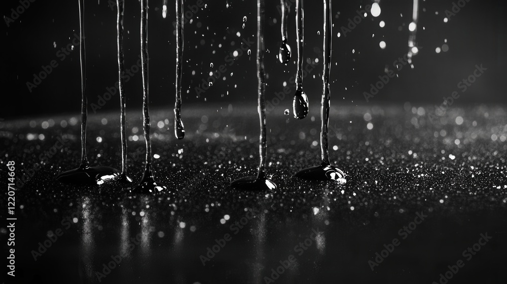Poster liquid particles dripping from a surface, creating a rhythmic and mesmerizing flow.
