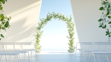 A minimalist wedding ceremony featuring clean white decor sleek chairs and a geometric arch decorated with greenery 