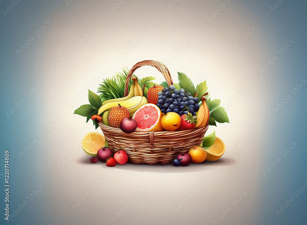 Aufkleber A wicker basket overflows with a vibrant array of fresh fruits.  The grainy texture of the image adds a rustic charm.