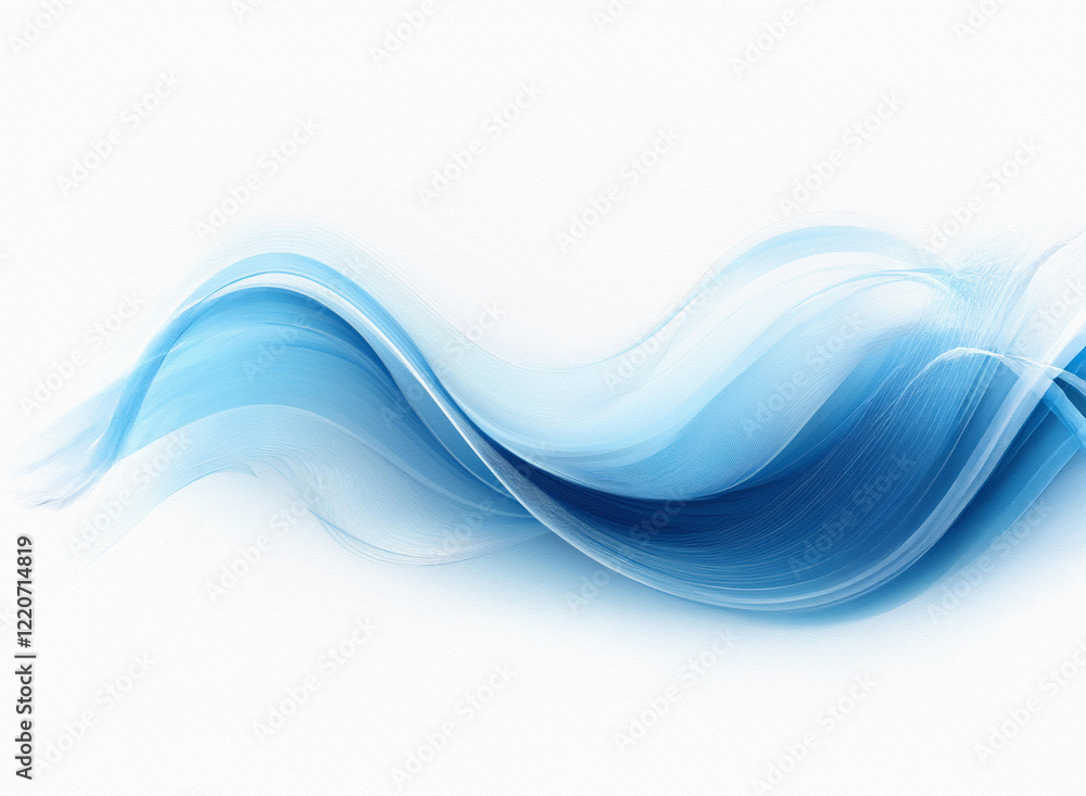 Poster grainy texture of flowing, translucent blue waves on a white background. the image evokes a sense of